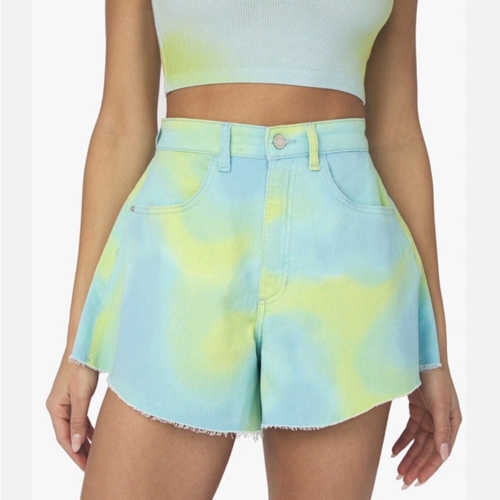 WeWoreWhat Super Flattering High Waist Tie-Dye Shorts - Blue and Yellow